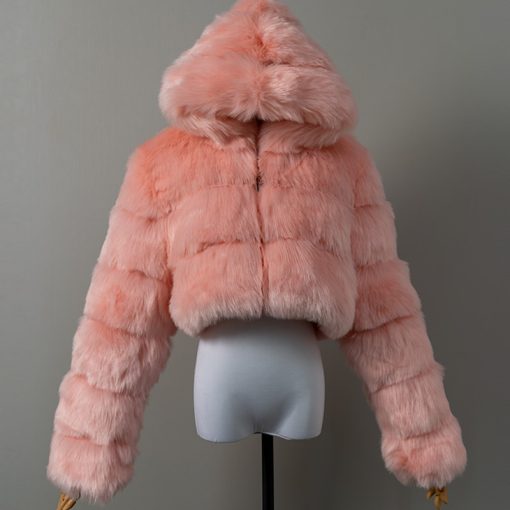 main image2High Quality Furry Cropped Faux Fur Coats and Jackets Women Fluffy Top Coat With Hooded Winter