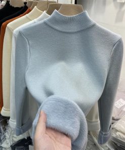 main image2Korean Turtleneck Slim Thicken Knitted Pullovers Woman 2022 Winter Plus Velvet Sweater Casual Fleece Lined Warm