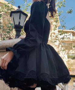 main image2Long Sleeves Lolita Black Dress Goth Aesthetic Puff Sleeve High Waist Vintage Bandage Lace Trim Party