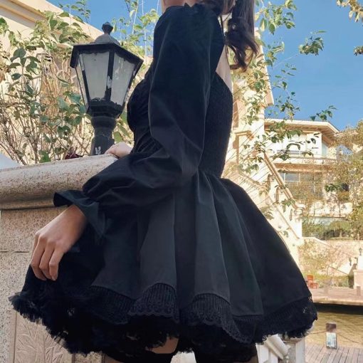 main image2Long Sleeves Lolita Black Dress Goth Aesthetic Puff Sleeve High Waist Vintage Bandage Lace Trim Party