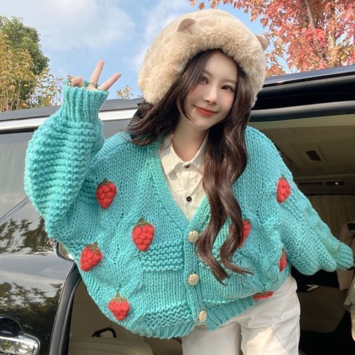 main image2MEXZT Women Harajuku Strawberry Loose Cardigan Sweater Fall Fashion Long Sleeve Korean Tops Chic Female Preppy