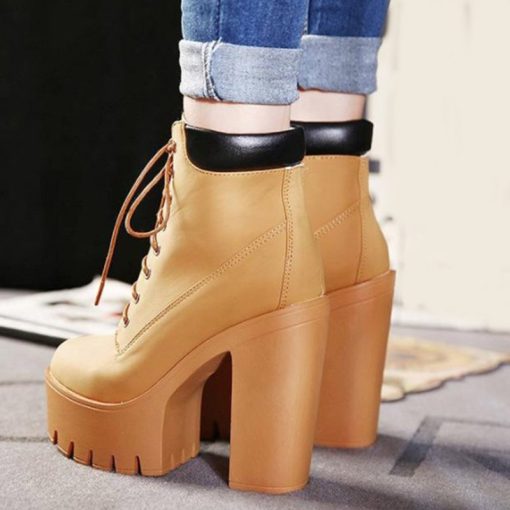 main image2New 2020 Platform Ankle Boots Women Autumn Lace Up Thick High Heel Ladies Woman Fashion Shoes