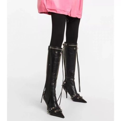 main image2New Fashion Luxury Pointed Toe Stiletto Women s Shoes Retro Metal Buckle Zipper Knee High Boots