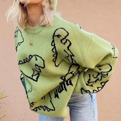 main image2O Neck Long Sleeve Women s Oversize Sweater Solid Dinosaur Printed Y2k Knitted Sweater Loose Casual