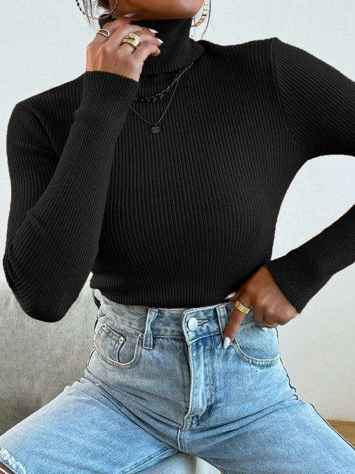 main image2On Sale 2022 Autumn Winter Women Knit Solid Turtleneck Pull Sweater Casual Rib Jumper Tops Female