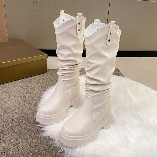 main image2Platform Wedges Knee High Boots For Women Slip On Brand New Motorcycle Boots 2022 Winter Autumn
