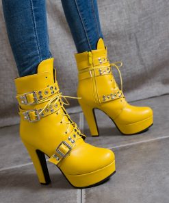 main image2Red Yellow White Women Ankle Boots Platform Lace Up High Heels Short Boot Female Buckle Autumn 1