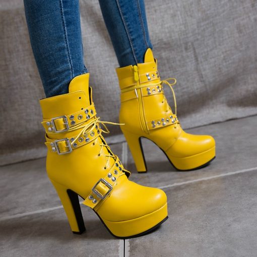 main image2Red Yellow White Women Ankle Boots Platform Lace Up High Heels Short Boot Female Buckle Autumn