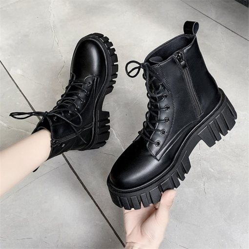 main image2Rimocy 2022 New Women White Ankle Boots PU Leather Thick Sole Lace Up Combat Booties Female