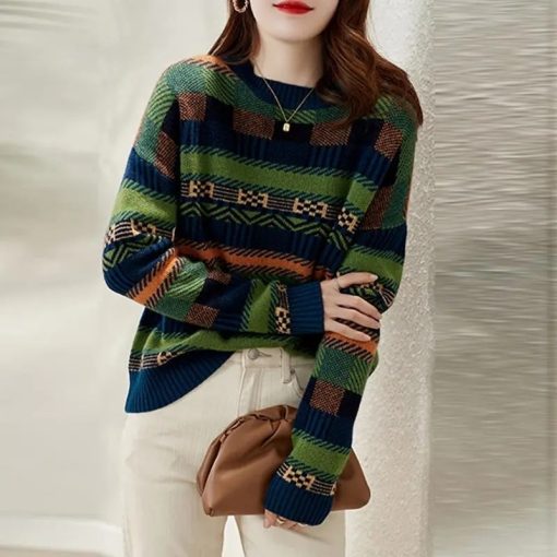 main image2Sweater Autumn Winter New Personality Contrast Color Striped Round Neck Long sleeved Loose Pullover Knitted Top