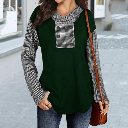 main image2Sweatshirt Top Hooded Patchwork Keep Warm Long Sleeve Autumn Casual Loose Plaid Printing Women Hoodie Pullover