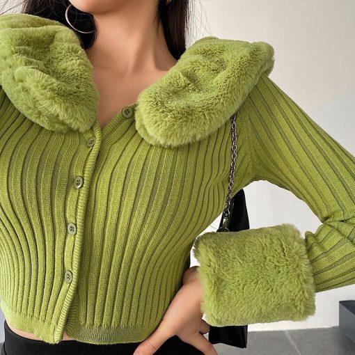 main image2TVVOVVIN Winter Removable Rabbit Fur Collar Long Sleeve Screw Thread Knitting Short Cardigan Sweater For Women