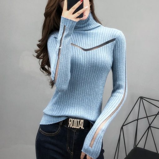 main image2Turtleneck Sweater Slim Female Sexy Long Sleeved Perspective Net Yarn Splicing Knitwear Bright Pull Ladies Sweaters