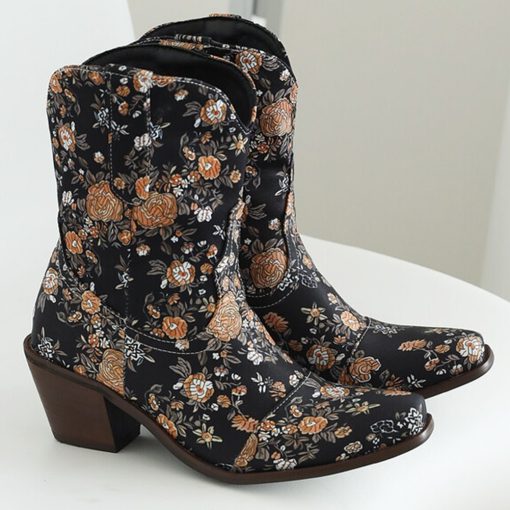 main image2Western Boots For Women Ankle Short Boots Flower Print Fashion Chunky Heel Slip On Vintage Cowboy