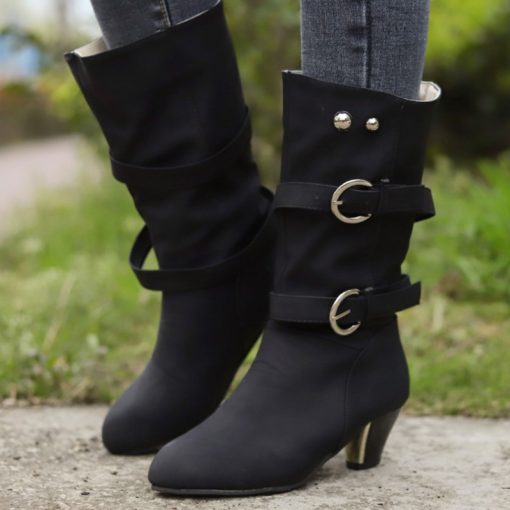 main image2Winter Women Boots Retro Pu Leather Buckle Slip On Mid Calf Boots Ladies Casual Solid Color