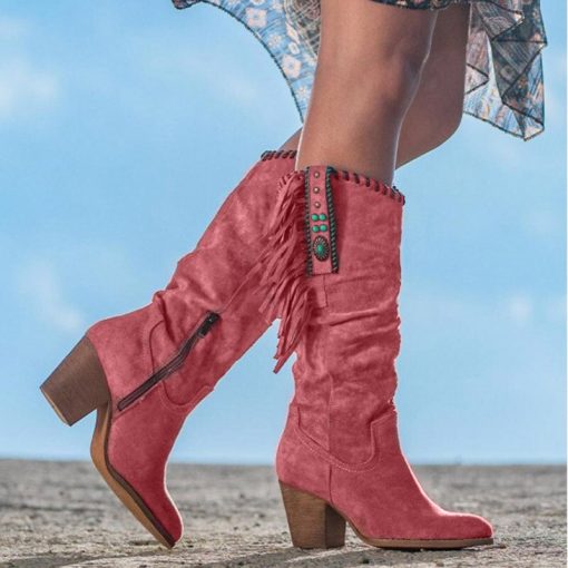 main image2Women Suede Knee High Boots Fashion Tassels Western Cowboy Boots Pointed Toe High Heels Shoes Roman