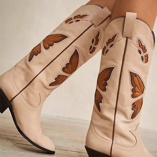 main image2Womens Cowboy Cowgirl Mid Calf Boots Butterfly Embroidered Pointed Toe Stacked Heel Autumn Winter Slip On