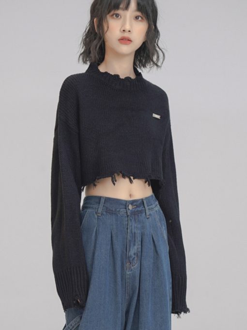 main image32022 Autumn Winter Korean Fashion Women Crop Tops Long Sleeve O Neck Sweater Solid Color Knitwear