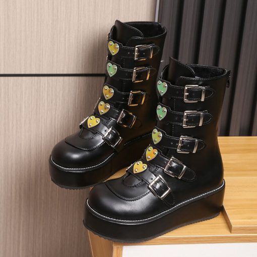 main image32022 Hot Brand INS Demonias Shoes Platform Heart Buckle Wedges High Heels Motorcycle Mid Calf Boots