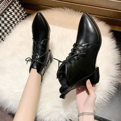 main image32022 Pointed Ankle Boots Autumn Winter Fashion Thick Heel Platform Shoes Lace Up British Style Pointed
