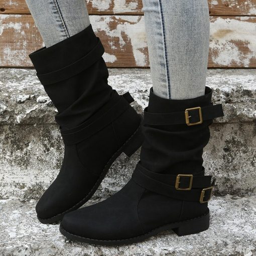 main image32022 Women Boots Leather Round Toe Retro Buckle Mid Calf Boots Fashion Low Heel Motorcycle Booties