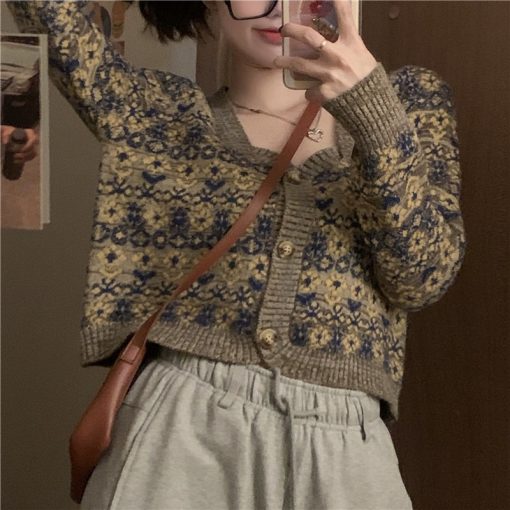 main image3Autumn Sexy Retro Square Floral Cropped Cardigan Knitted Top Slim Pull Femme Jumpers Single breasted Jacquard