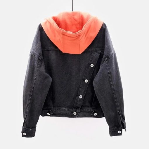 main image3Blue Deconstructable Hooded Turn down Collar Denim Jacket Women Loose Button Patchwork Outwear Jean Coat Female