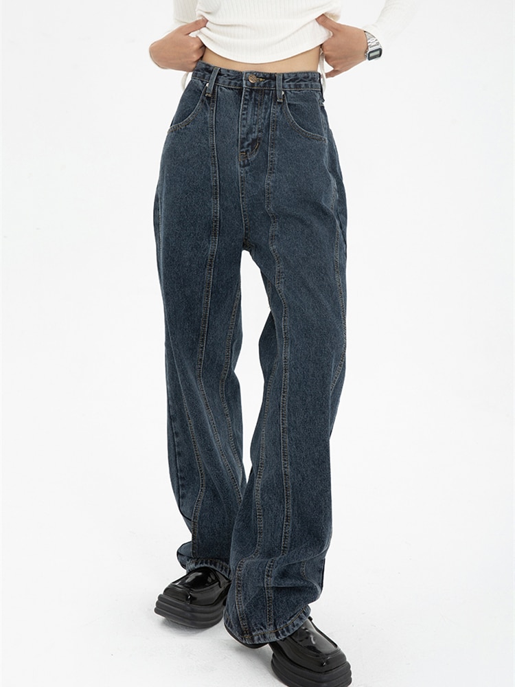 main image3Dark Blue Womens Jeans High Waist Vintage Straight Baggy Denim Pants Streetwear American Style Fashion Wide