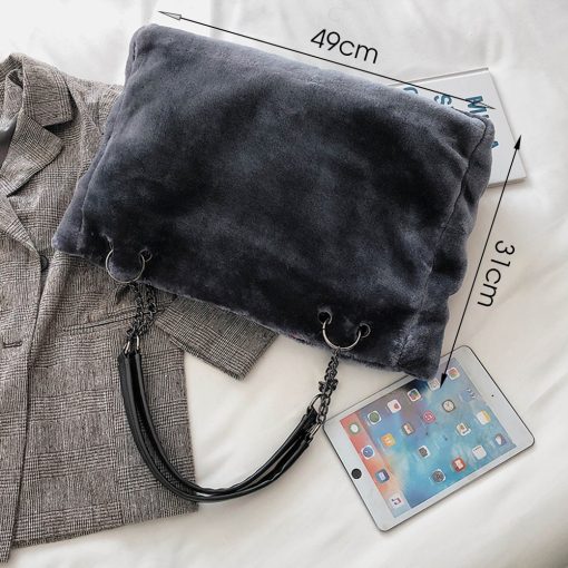 main image3Faux Fur Women Shoulder Bag Casual Plush Lady Tote Handbag Fashion Chain Larger Capacity Shopping Bag