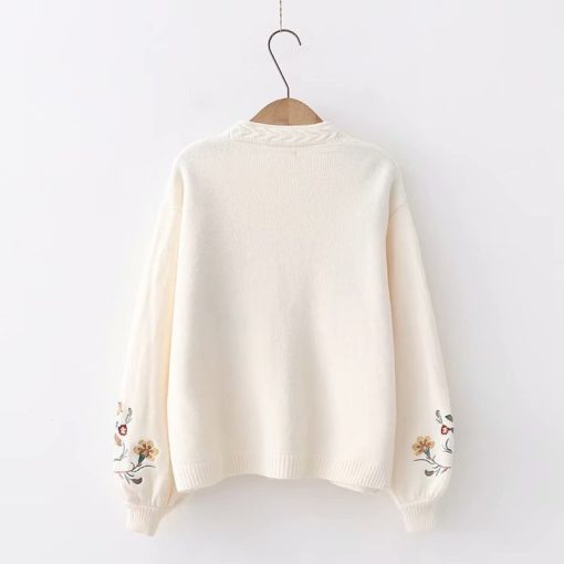 main image3Gagaok Women Knitted Fashion Cardigan Spring Autumn V Neck Lantern Sleeve Embroidery Floral Thick Loose Harajuku