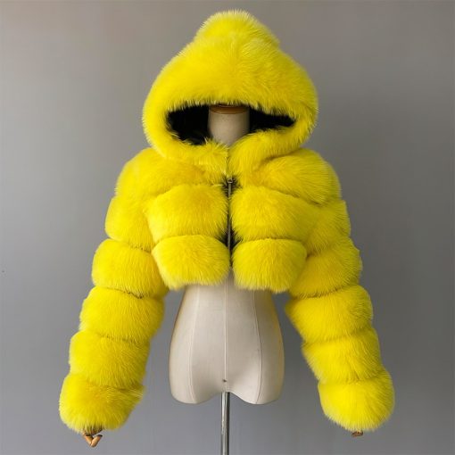 main image3High Quality Furry Cropped Faux Fur Coats and Jackets Women Fluffy Top Coat With Hooded Winter