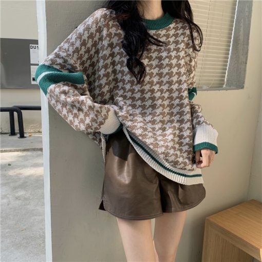 main image3JMPRS Autumn New Round Neck Contrast Color Pullover Tops Women Korean Fashion Drop Shoulder Knitted Sweater