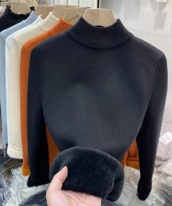 main image3Korean Turtleneck Slim Thicken Knitted Pullovers Woman 2022 Winter Plus Velvet Sweater Casual Fleece Lined Warm