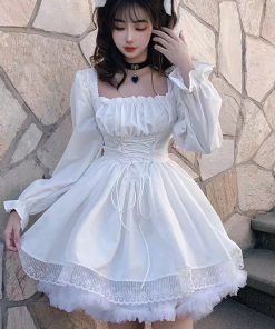 main image3Long Sleeves Lolita Black Dress Goth Aesthetic Puff Sleeve High Waist Vintage Bandage Lace Trim Party