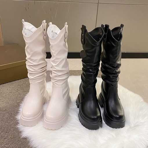main image3Platform Wedges Knee High Boots For Women Slip On Brand New Motorcycle Boots 2022 Winter Autumn