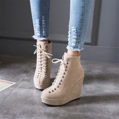 main image3Platform Women s Ankle Boots Shoes Autumn Winter Wedge Heels Lace Up Short Boots Nude Red