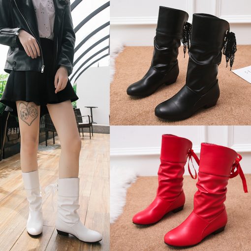 main image3Plus Size 35 43 Women Knee High Boots Back Lace Up Low Heels Winter Shoes Black