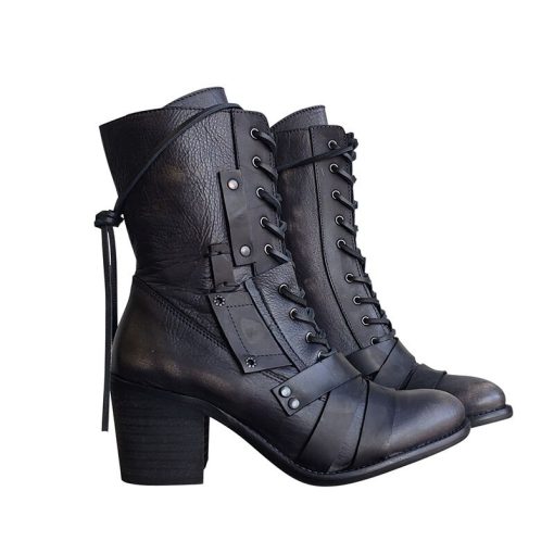 main image3Plus Size Martin Boots 2022 Winter Vintage Zipper Chunky Heels Leather Boot Women Leather Stitching Lacing