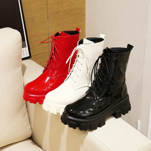 main image3Red White Black Women Ankle Boots Platform Square Heel Ladies Ridding Boots Cross Tied Fashion Women