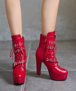 main image3Red Yellow White Women Ankle Boots Platform Lace Up High Heels Short Boot Female Buckle Autumn 1