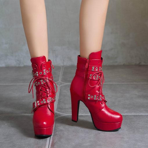 main image3Red Yellow White Women Ankle Boots Platform Lace Up High Heels Short Boot Female Buckle Autumn