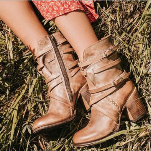 main image3Retro Ankle Boots Square Heel Round Head Zipper Large Size Spring Autumn Women s Roman Fashion