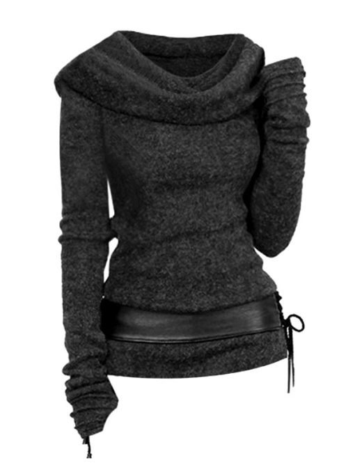 main image3S 2XL Hooded Cowl Front Belted Lace Up Sweater Women Knitwear For Fall Winter Fashion Hoodie