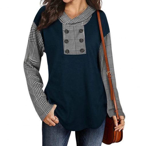 main image3Sweatshirt Top Hooded Patchwork Keep Warm Long Sleeve Autumn Casual Loose Plaid Printing Women Hoodie Pullover