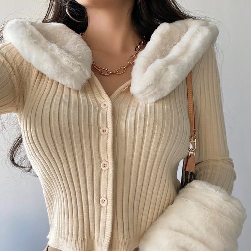 main image3TVVOVVIN Winter Removable Rabbit Fur Collar Long Sleeve Screw Thread Knitting Short Cardigan Sweater For Women