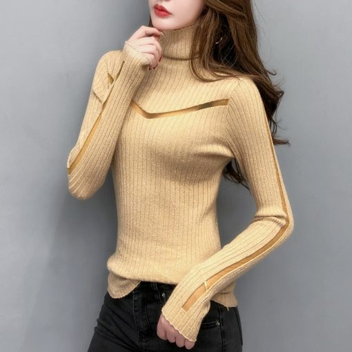 main image3Turtleneck Sweater Slim Female Sexy Long Sleeved Perspective Net Yarn Splicing Knitwear Bright Pull Ladies Sweaters