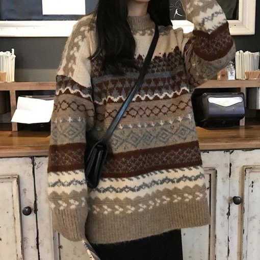 main image3Vintage Sweaters Women Pullover Winter Striped Jumpers Korean Style Loose Pullover Knitwear Casual Loose Sweater Pull