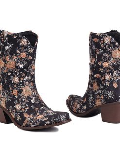 main image3Western Boots For Women Ankle Short Boots Flower Print Fashion Chunky Heel Slip On Vintage Cowboy