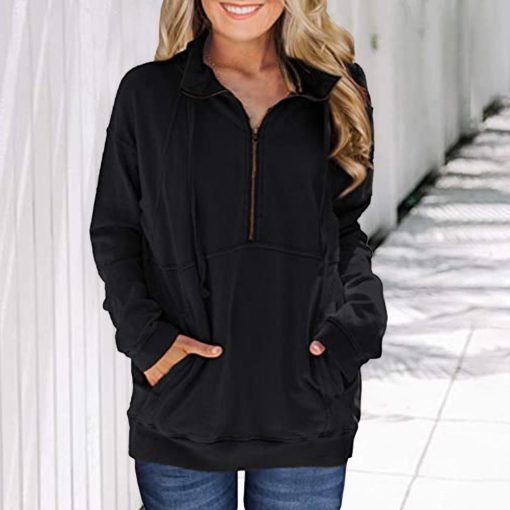 main image3Women Half Zipper Sweatshirt Comfy Sporty Solid Color Large Pocket Sweatshirt Lady Splicing Top Solid Color