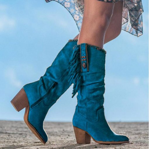 main image3Women Suede Knee High Boots Fashion Tassels Western Cowboy Boots Pointed Toe High Heels Shoes Roman